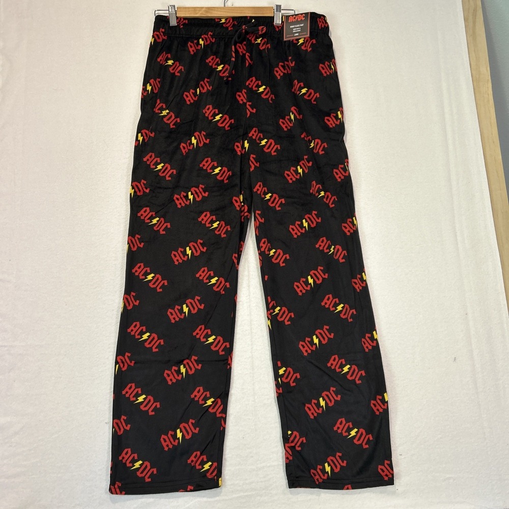 AC/DC Pajama Pants Mens Large Black Minky Fleece Lounge Bottoms Rock Band NWT